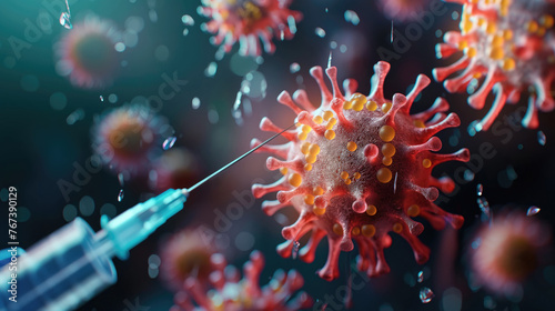 Microscope virus close up with syringe. Vaccination concept © Petrova-Apostolova