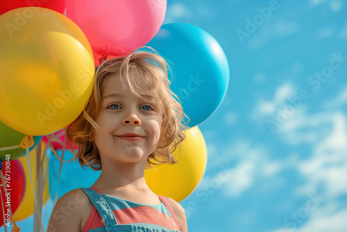 A kid with colorful balloons in an outdoor setting, joyful expression, vibrant colors against a clear blue sky