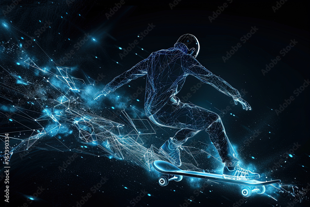 A skateboarder performing a jumping trick. The concept of extreme freestyle sports. Design of clothes, albums, notebooks. Sports banners, postcards A skateboarder performing a jumping trick. The concept of extreme freestyle sports. Design of clothes, albums, notebooks. Sports banners, postcards
