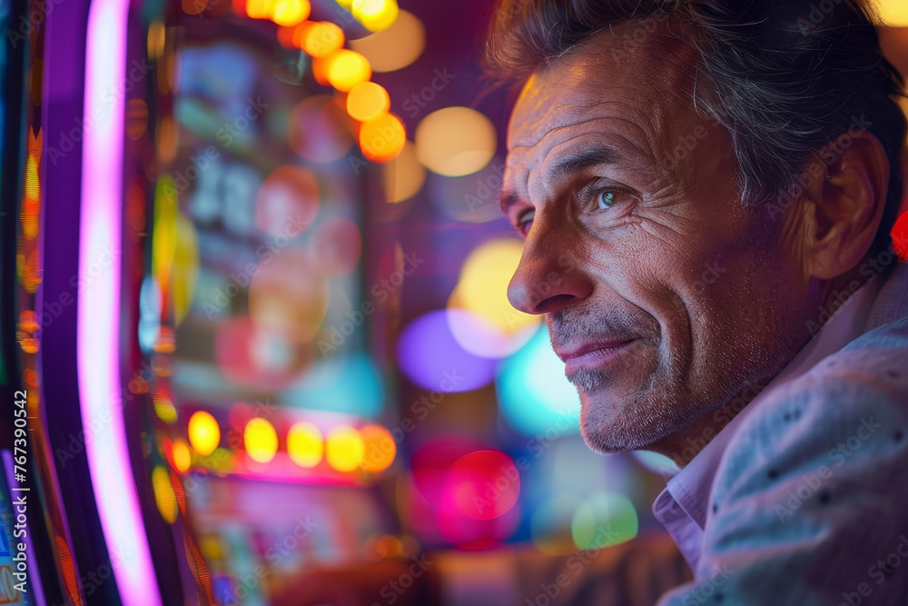 A close-up of a handsome middle-aged man at a casino, his face lit up with the thrill of the game as he plays at the slot machines. 