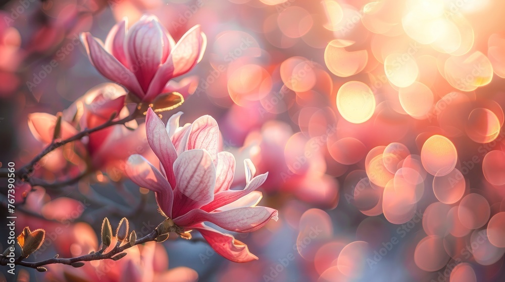Spring Magnolia Blooms Closeup on Pastel Bokeh Background Spring Magnolia Blooms Closeup on Pastel Bokeh Background