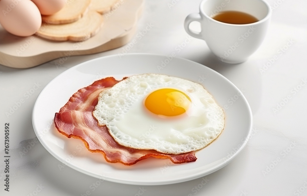 fried eggs with bacon on white plate on white kitchen table fried eggs with bacon on white plate on white kitchen table