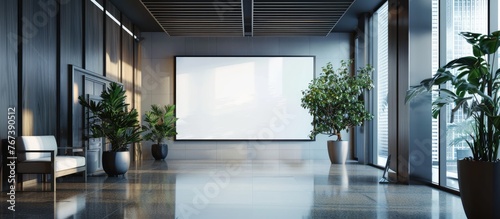 A modern panel with a blank white screen is displayed in an office corridor, serving as a mockup for advertisement design.