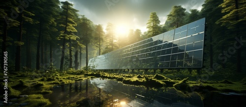 A large solar panel is placed in a forest next to a river  under the clear sky with sunlight shining on it. The landscape is beautiful with trees and plants surrounding the area
