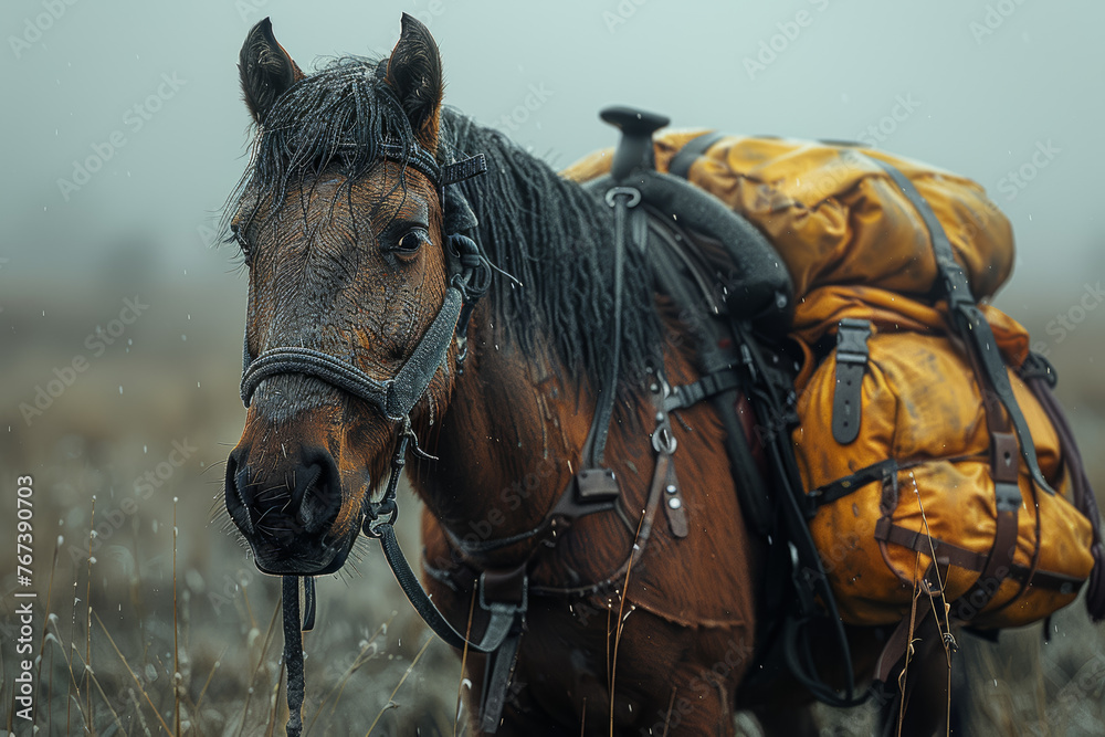 Obraz premium A loyal search and rescue horse braving rugged terrain to locate missing persons, guided by its keen senses and unwavering determination. Concept of dedication and companionship. Generative Ai.