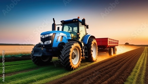 Modern tractor equipment plows an agricultural meadow on a farm in spring or autumn. A farmer harvests his crops in the fall.
