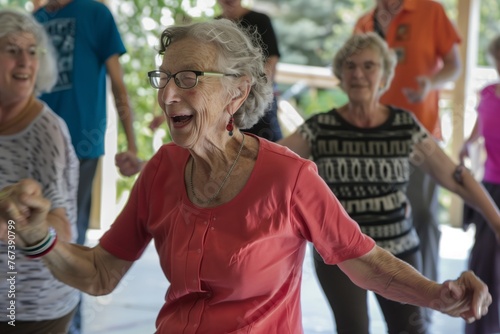 Joyful group of dancing elderly seniors exuding vitality in dance. Energy and liveliness, celebratory atmosphere and positivity. 