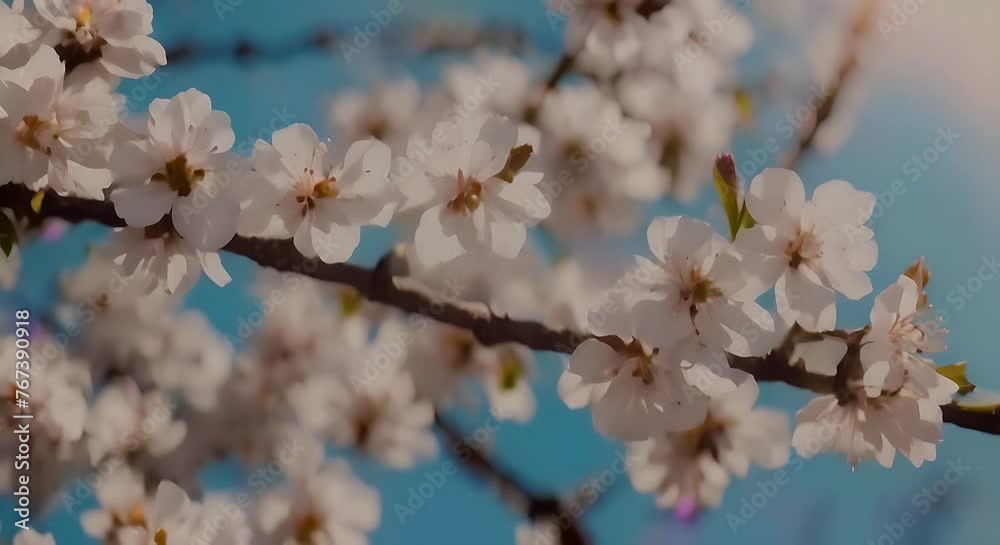 A detailed view of a tree with white flowers in full bloom. The camera zooms in on the delicate petals and leaves, showcasing the intricate details of nature up close A detailed view of a tree with white flowers in full bloom. The camera zooms in on the delicate petals and leaves, showcasing the intricate details of nature up close