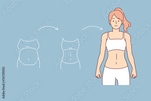 Progress of woman losing weight, getting rid of body fat thanks to diet and regular exercise