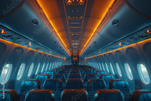 Passengers seated comfortably in the airplane cabin, ready to embark on their journey to distant lands. Concept of exploration and discovery. Generative Ai.