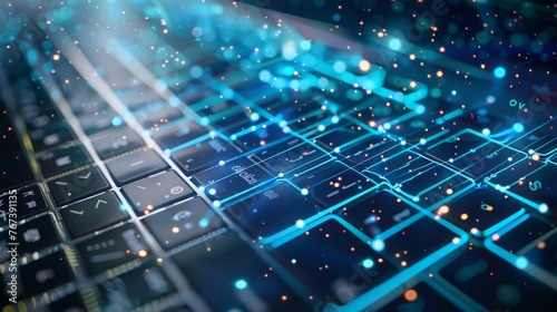Abstract Technology Keyboard with Glowing Data Streams