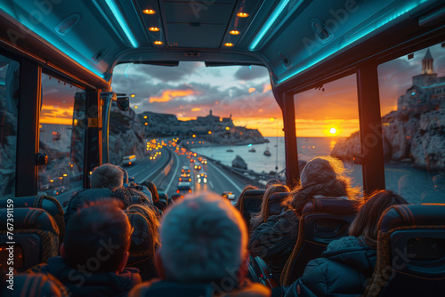 Passengers settling into their seats on the tour bus, eager to begin their sightseeing adventure. Concept of exploration and sightseeing. Generative Ai.