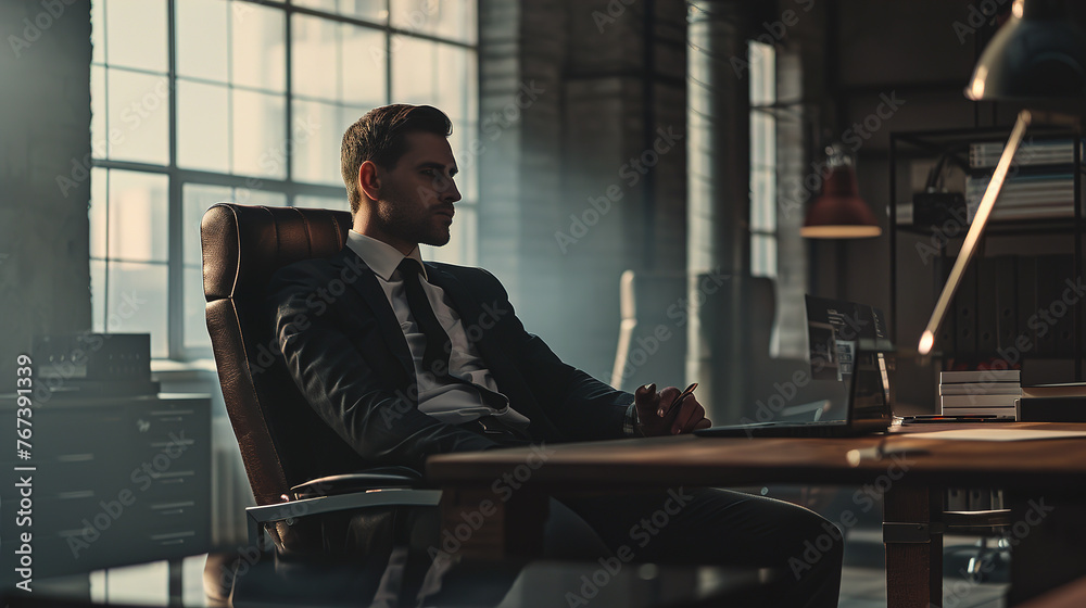 A brutal businessman is sitting at his desk at the office, talking on the phone, holding a marker in his hand and counting on a calculator. A brutal businessman is sitting at his desk at the office, talking on the phone, holding a marker in his hand and counting on a calculator.