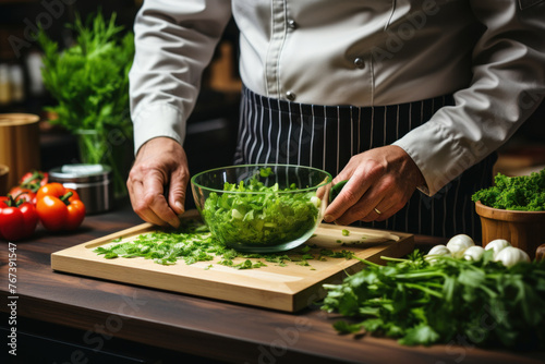 Close-up of a chef's hands preparing vegan salad with fresh parsley on a wooden board.