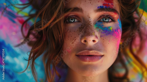 A woman with colorful makeup on her face