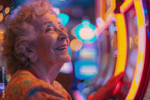 A close-up of a joyful senior citizen at a casino, her face lit up with the thrill of the game as she plays at the slot machines.