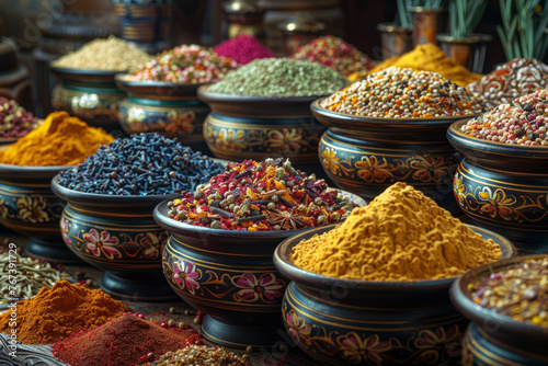 A curated selection of exotic spices displayed in ornate bowls, creating a visual feast for spice enthusiasts. Concept of spice appreciation as an art form. Generative Ai.