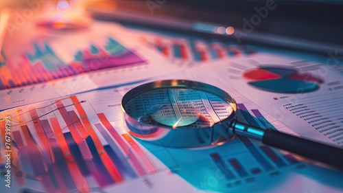 a magnifying glass hovering over business financial graphs and tables, symbolizing the concept of contest winners in data analysis.