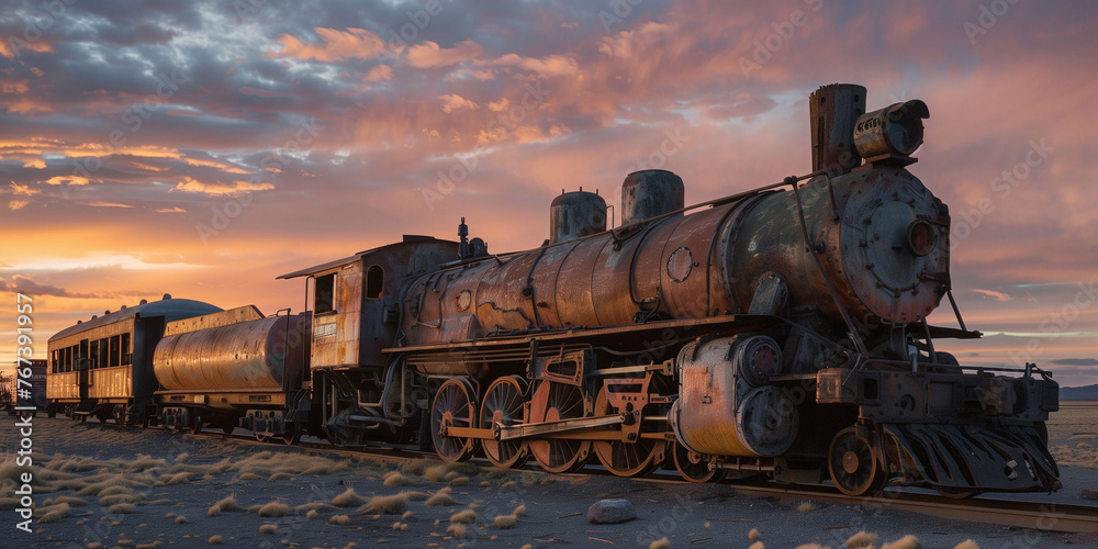 Vintage Train in Desert at Sunset