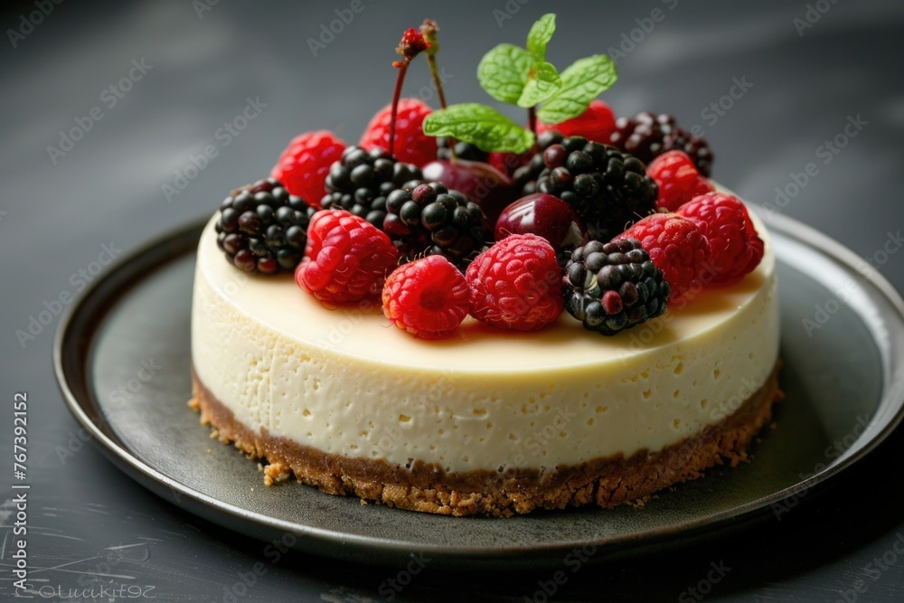 A luscious cheesecake sits elegantly on a plate, adorned with vibrant berries and fragrant mint leaves, ready to be enjoyed A luscious cheesecake sits elegantly on a plate, adorned with vibrant berries and fragrant mint leaves, ready to be enjoyed