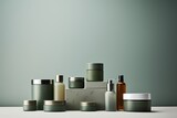 An arrangement of clean and contemporary skincare product bottles, showcasing copyspace on blank labels for unique branding opportunities. (Replace green color). 8k,