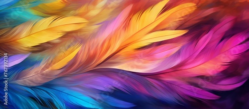 A closeup art piece featuring colorful feathers on a dark background with shades of purple, violet, magenta, and electric blue, resembling a vibrant and exotic plant