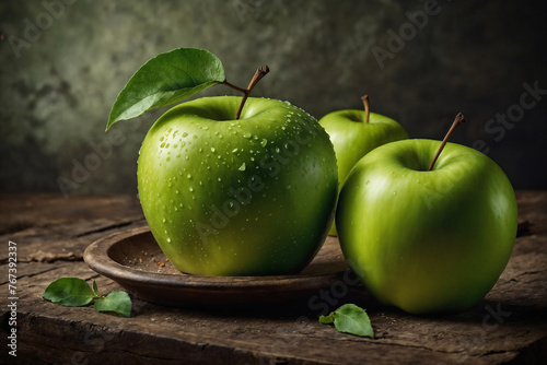 Green apple ai generated. Apples with leaves. Green apple composition with leaves. Generative AI.