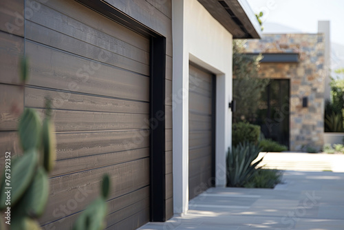 A close-up of a modern two-car garage. The garage is part of a stylish contemporary home, with a design that emphasizes simplicity and functionality