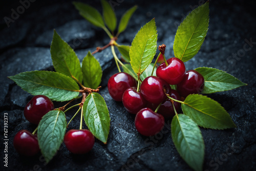 Cherry ai generated. Sour cherry with leaves on black background. Red cherries with green leaves. Generative AI.