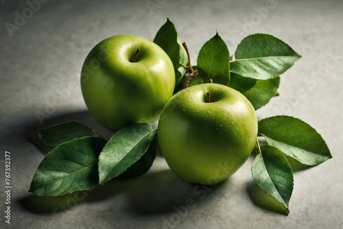 Green apple ai generated. Apples with leaves. Green apple composition with leaves. Generative AI.