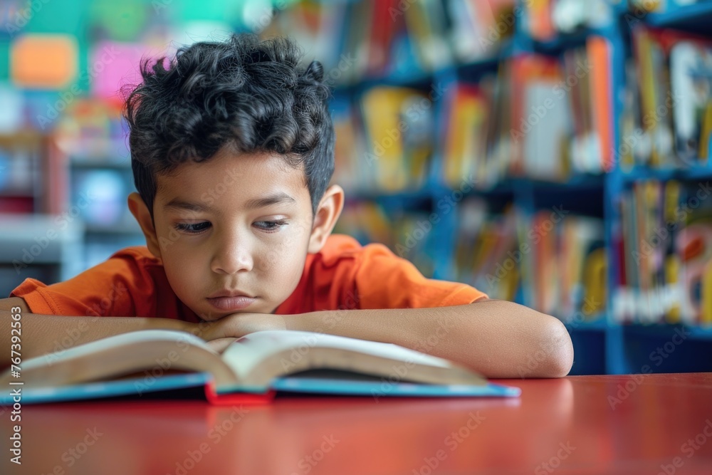 A young boy, immersed in a captivating book, sitting in a serene library filled with knowledge and wisdom A young boy, immersed in a captivating book, sitting in a serene library filled with knowledge and wisdom