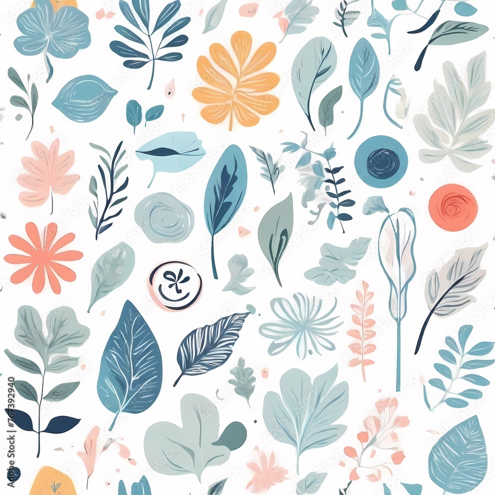 Fototapeta premium A collection of seamless pattern, colorful abstract plants and flowers. Hand drawn Collection of leaves and flowers. A close up of a pattern of flowers and leaves. 