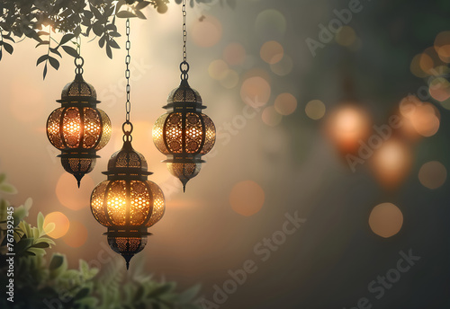 Elegant Eid al-Adha greeting card with traditional lantern and Islamic calligraphy, expressing blessings and joy for the holiday. photo