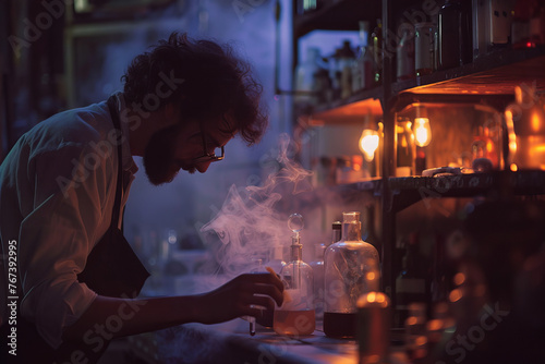 Mysterious Alchemist Engrossed in Crafting Elixirs Under Dim, Enigmatic Light - Banner