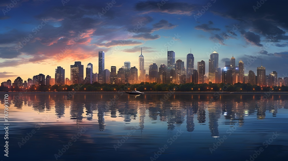 Boston skyline at sunset with reflection in water, Massachusetts, USA.