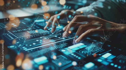 Hands Typing on Futuristic Interface with Data Visualization