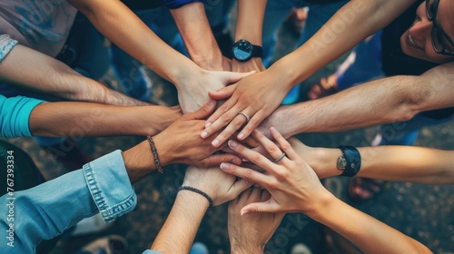 Group of people putting their hands together in a circle. Unity concept.
