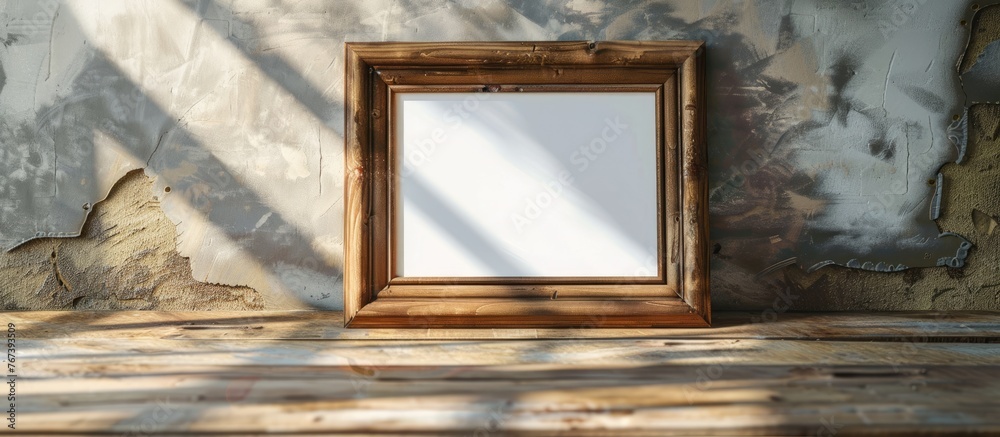 Fototapeta premium Empty wooden picture frame with an art print mock-up rests on the table.