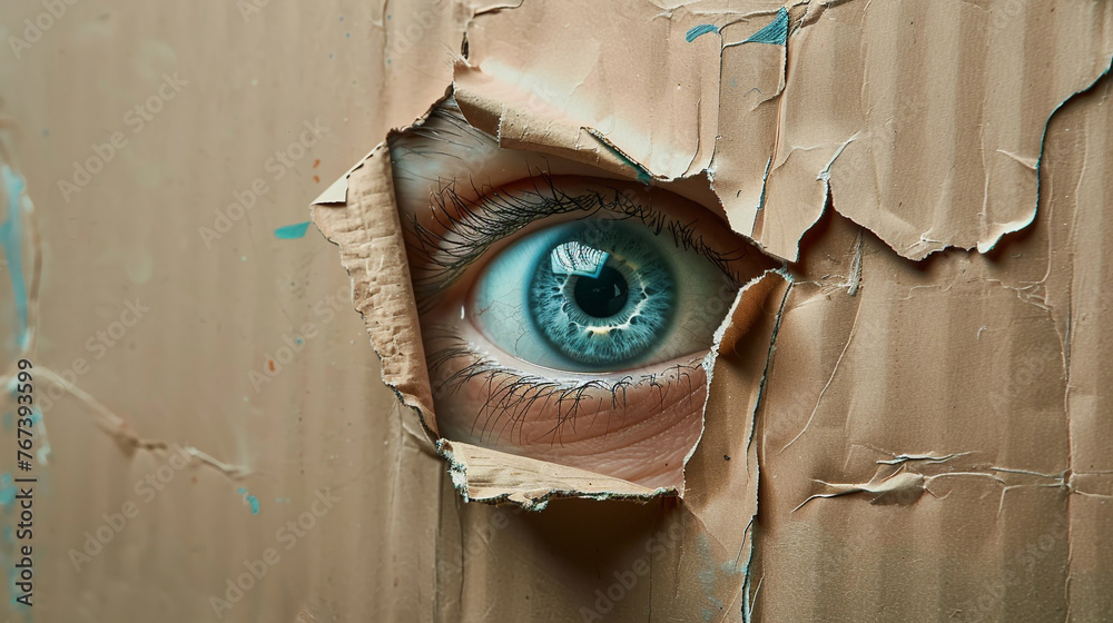 A human eye, sticking out of a tear in the carton, watching secretly
