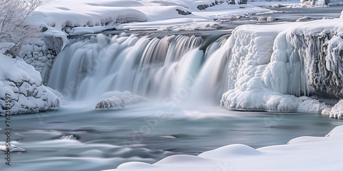 Snow-Covered Waterfall in a Winter Landscape