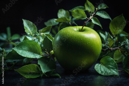 Green apple ai generated. Apples with leaves on dark background. Green apple with drops and leaves. Generative AI. © Tim UR