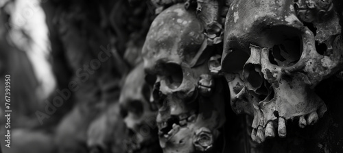 row of human skulls with copy space photo
