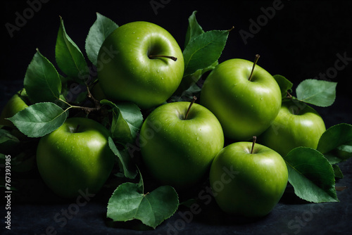 Green apple ai generated. Apples with leaves on dark background. Green apple composition with leaves. Black background. Generative AI. © Tim UR