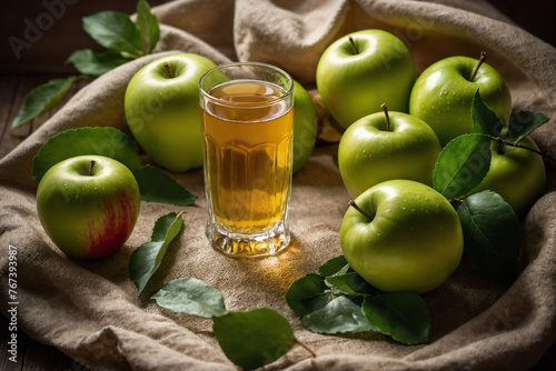 Green apple ai generated. Fresh apple juice with apples. Green apple with leaves. Generative AI. © Tim UR