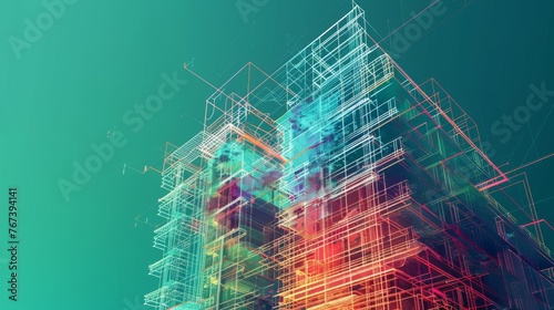 Abstract Wireframe Building Structure on Teal Background
