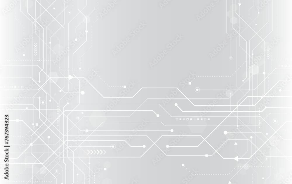 Sci-fi gray background with various technology elements. Science concept, hexagons with circuit board. Abstract hi tech communication for presentation or banner.