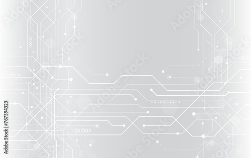 Sci-fi gray background with various technology elements. Science concept, hexagons with circuit board. Abstract hi tech communication for presentation or banner.