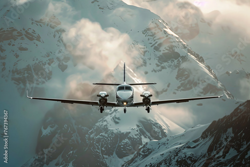 Majestic Aircraft Soaring High Above Snow-Capped Mountain Peaks Banner photo