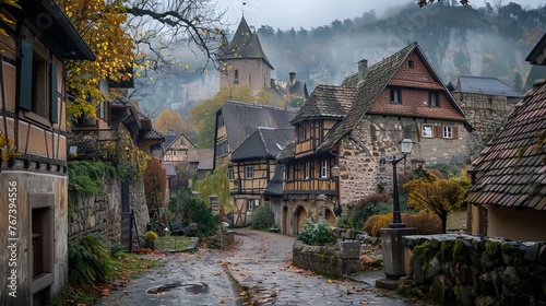 palatinate old historical village,Half-timbered houses, cobblestones, mountains, forest, 16:9
