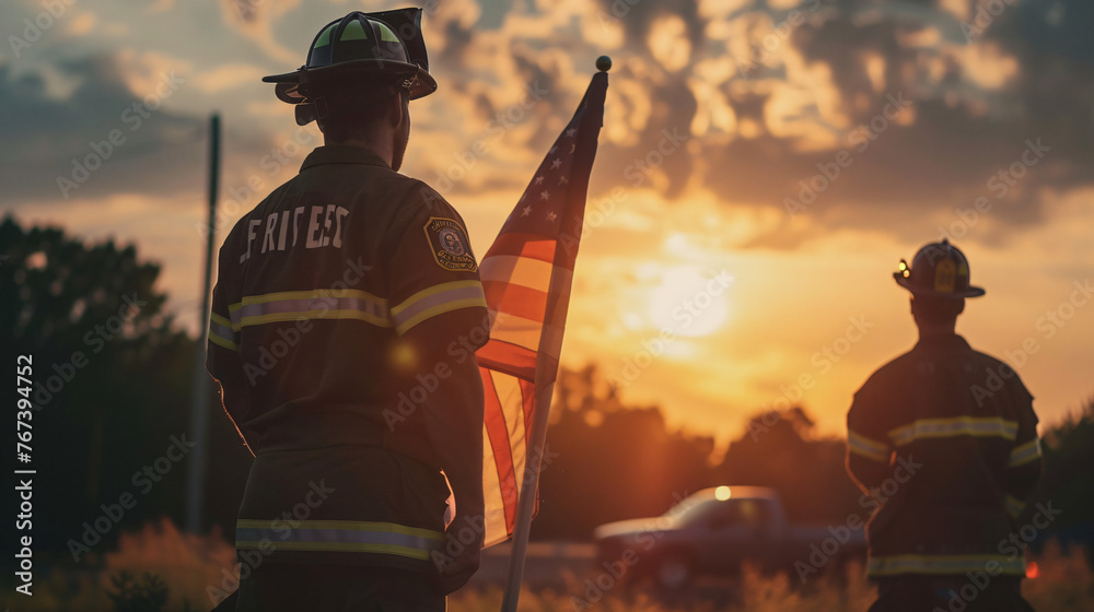 Firefighters raising the American flag at a 4th of July community event. - obrazy, fototapety, plakaty 